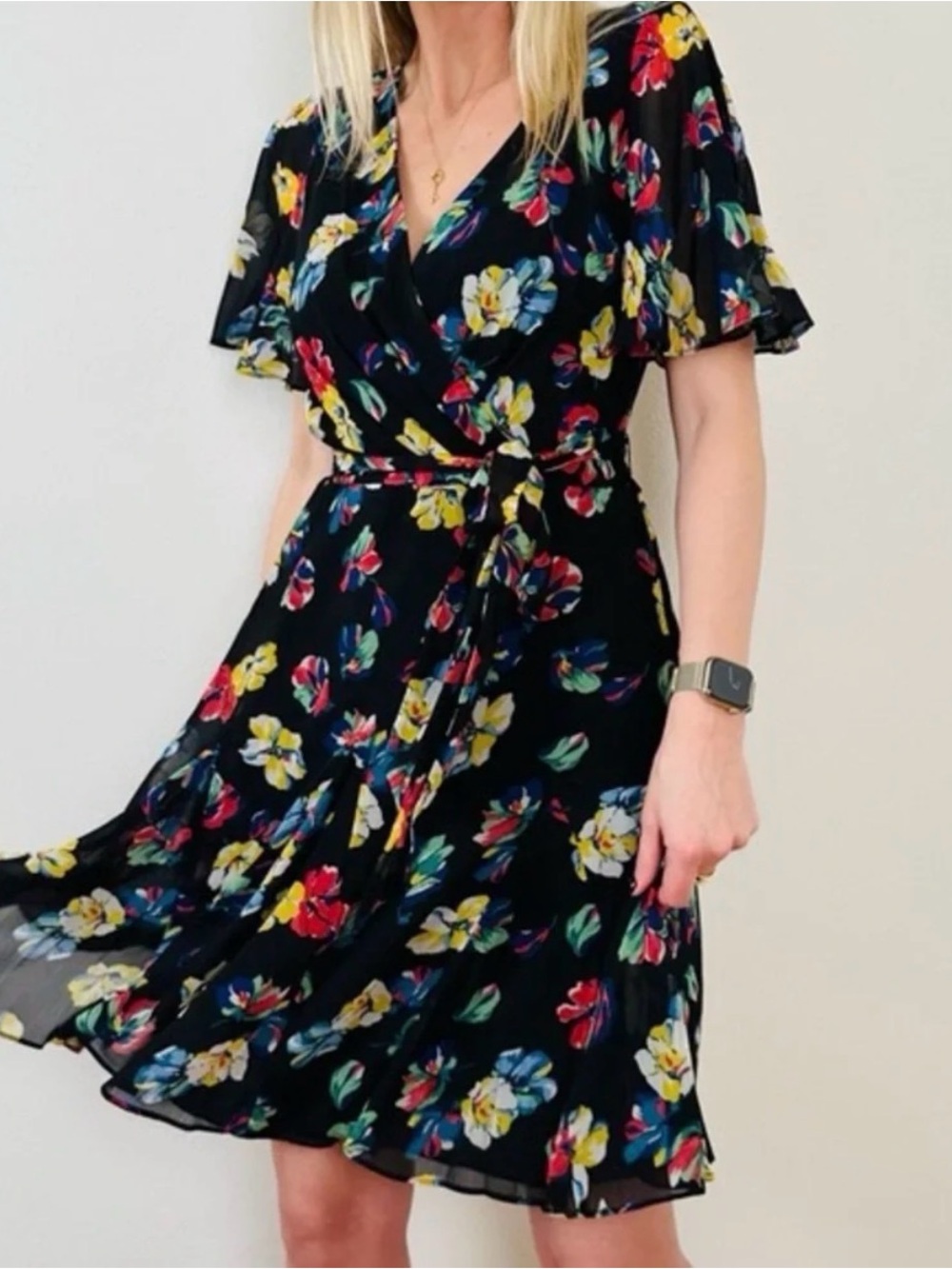 Lauren Ralph Lauren Women's  Floral Georgette V-Neck Belted faux wrap Dress Sz12